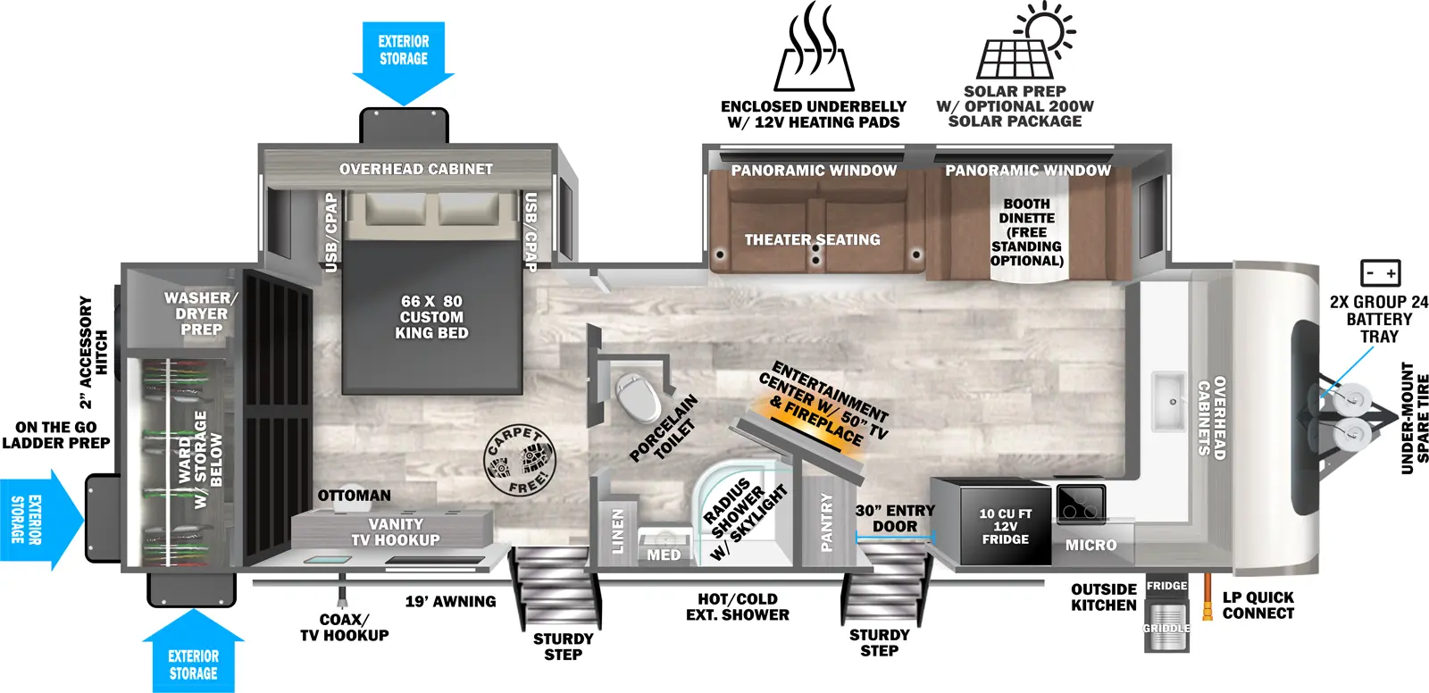 The Hemisphere Travel Trailers 270FKS floorplan has two entries and two slide outs. Exterior features include: fiberglass exterior, 19' awning and outside kitchen. Interiors features include: front kitchen, free-standing dinette option and rear bedroom.